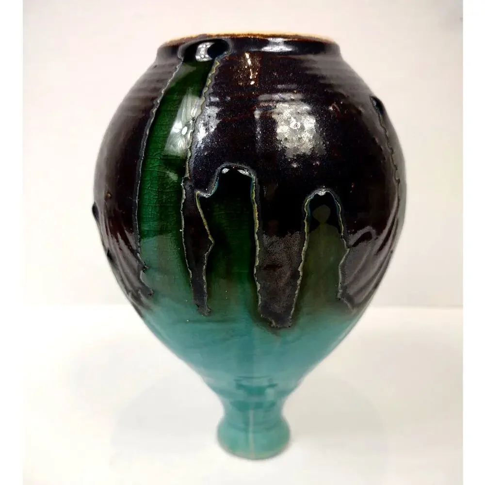 Vintage Art Pottery Drip Glaze Vase w Dragonfly’s Brown Turquoise 71/4” MCM